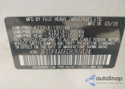 2016 Subaru Impreza 2.0I из США, поврежденный, VIN JF1GPAA66G8269124